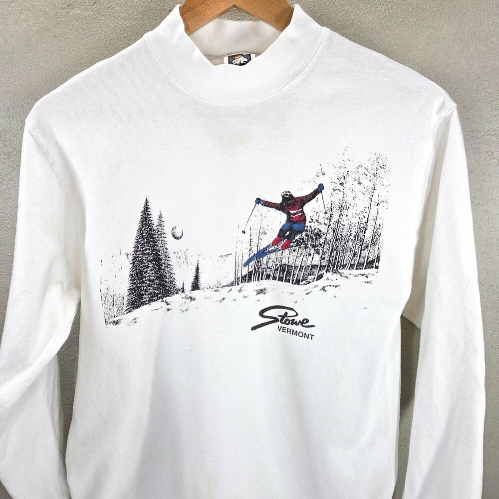 Vintage 90s Stowe Vermont Ski Shirt White Long Sleeve Sz M